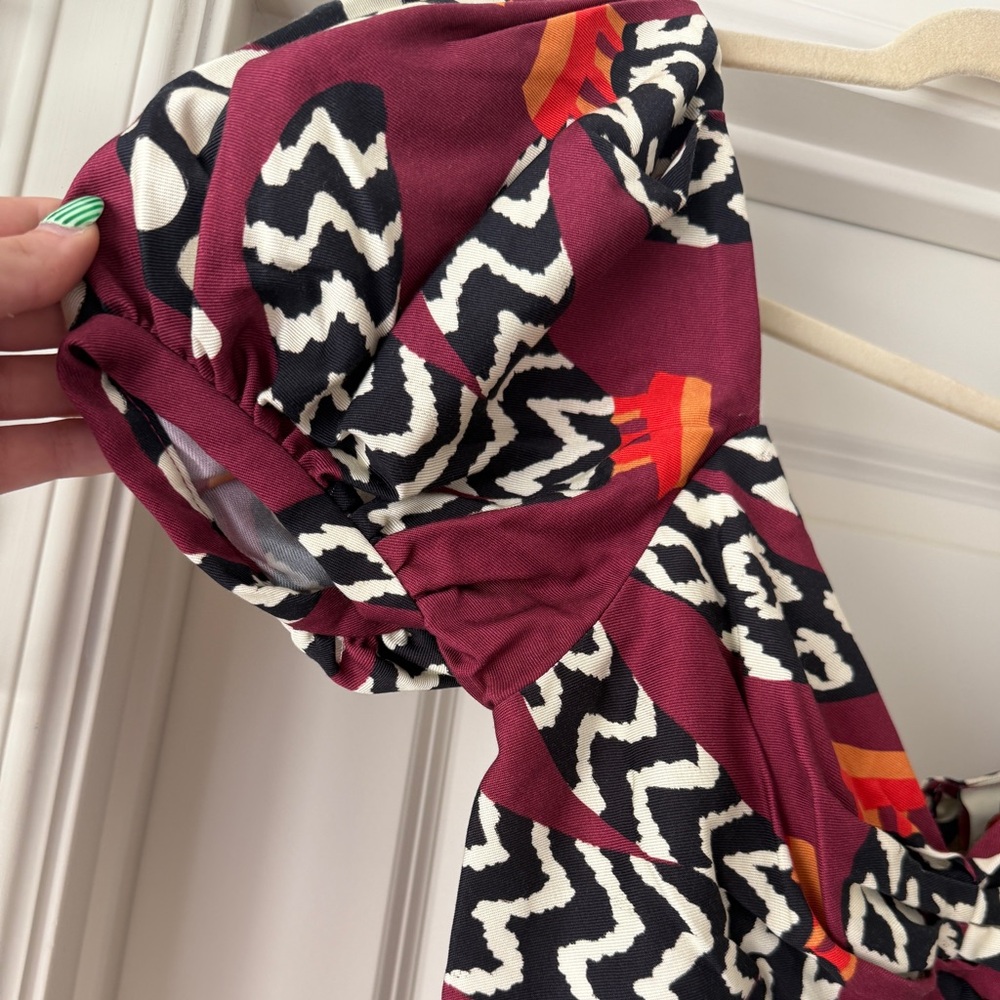 NEW FARM RIO Burgundy Dress Ethnic Bananas Puff Sleeve Mini Dress RARE PATTERN S - Picture 6 of 9